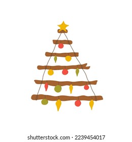 Wall Christmas tree made of wooden sticks and rope, with toys for Christmas and New Year. Vector colorful illustration isolated hand drawn. Winter holiday season. Home decorating
