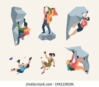 Wall climbers. Mountain rock climbers person sport team people healthy active lifestyle activities garish vector isometric collection