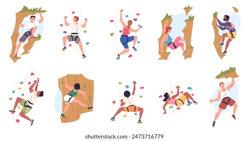 Wall climbers. Rock climbing team people characters, extreme sport mountaineering outdoor risk activities climber safety rope exercise on high cliff set vector illustration kids climbing on rock