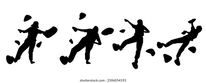 wall climbing, rock climbing, silhouette set. sport, extreme, bouldering. different actions, poses. vector illustration.