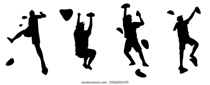 wall climbing, rock climbing, silhouette set. sport, extreme, bouldering. different actions, poses. vector illustration.