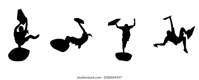 wall climbing, rock climbing, silhouette set. sport, extreme, bouldering. different actions, poses. vector illustration.