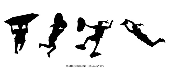 wall climbing, rock climbing, silhouette set. sport, extreme, bouldering. different actions, poses. vector illustration.