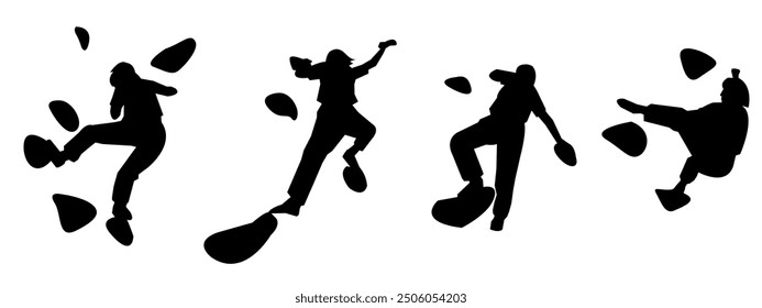 wall climbing, rock climbing, silhouette set. sport, extreme, bouldering. different actions, poses. vector illustration.