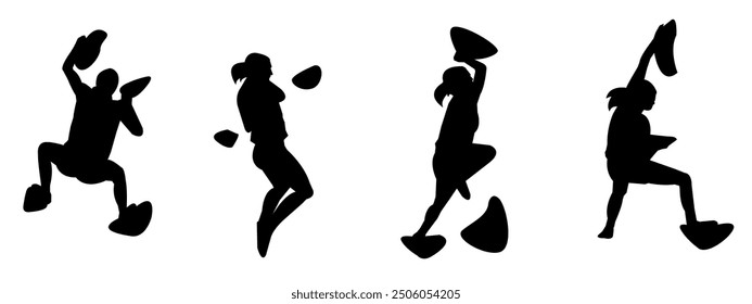 wall climbing, rock climbing, silhouette set. sport, extreme, bouldering. different actions, poses. vector illustration.