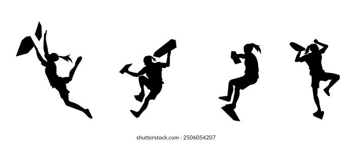 wall climbing, rock climbing, silhouette set. sport, extreme, bouldering. different actions, poses. vector illustration.