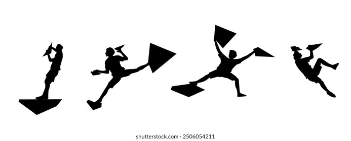 wall climbing, rock climbing, silhouette set. sport, extreme, bouldering. different actions, poses. vector illustration.