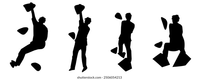 wall climbing, rock climbing, silhouette set. sport, extreme, bouldering. different actions, poses. vector illustration.