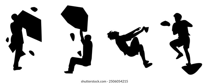 wall climbing, rock climbing, silhouette set. sport, extreme, bouldering. different actions, poses. vector illustration.