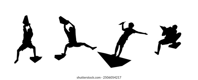 wall climbing, rock climbing, silhouette set. sport, extreme, bouldering. different actions, poses. vector illustration.