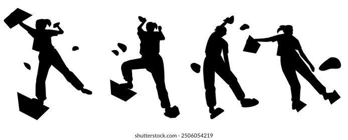 wall climbing, rock climbing, silhouette set. sport, extreme, bouldering. different actions, poses. vector illustration.