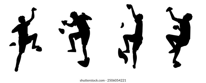 wall climbing, rock climbing, silhouette set. sport, extreme, bouldering. different actions, poses. vector illustration.