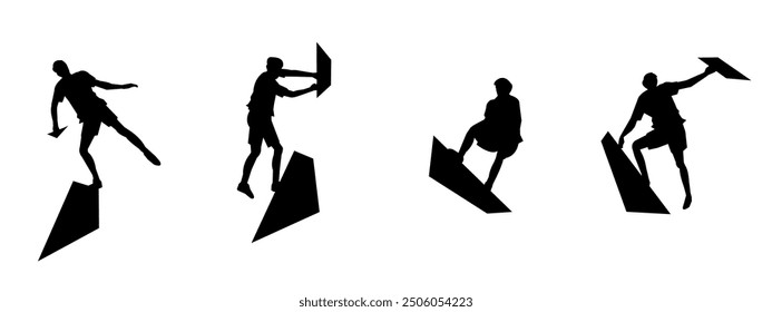 wall climbing, rock climbing, silhouette set. sport, extreme, bouldering. different actions, poses. vector illustration.