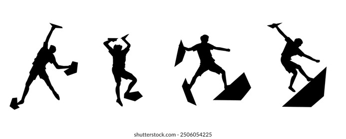 wall climbing, rock climbing, silhouette set. sport, extreme, bouldering. different actions, poses. vector illustration.