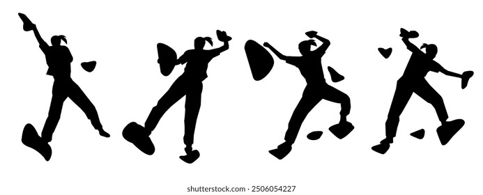 wall climbing, rock climbing, silhouette set. sport, extreme, bouldering. different actions, poses. vector illustration.