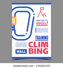 Wall Climbing Training Creative Banner Vector. Carabiner Tool For Climbing And Climb With Flag On Peak On Advertising Poster. Sport For Adults And Children Concept Layout Stylish Color Illustration