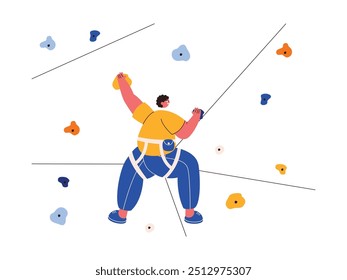 Wall climbing using safe equipment, extreme sports vector illustration.