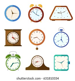 Wall clock and alarm clocks, time vector flat icons