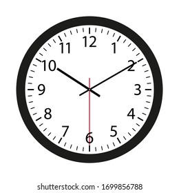 Wall clock with black frame and hands. Flat style vector illustration. Simple classic wall clock with arabic numbers with red second hand isolated on white background