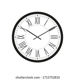 Wall clock with black frame and hands. Flat style vector illustration. Roman numeral clock isolated on white background. Wall decor. Easy to rotate hands