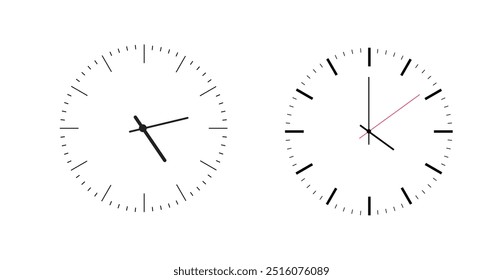 Wanduhr schwarzer Rahmen. Einfache Uhr. Minimalistische Uhr. moderne Design-Wanduhr. Analoge Uhr. Vektorgrafik