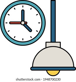 Wall Clock with Ceiling Light Concept, watch and hanging lamp Vector color line Icon Design, Interior design Symbol, Home Office decoration Sign, Residential and Commercial Decor stock illustration