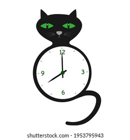 Wall clock for children in the shape of a black cat. Isolated vector image on white background.