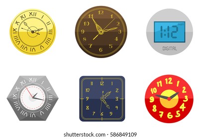 Wall clock circle sign with chronometer pointer collection and deadline stopwatch speed office alarm timer minute watch vector illustration icons set.