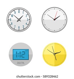 Wall clock circle sign with chronometer pointer collection and deadline stopwatch speed office alarm timer minute watch vector illustration icons set.