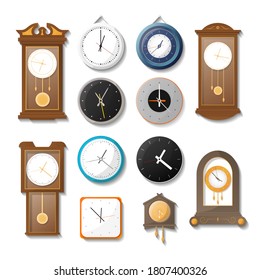 Wall clock. Classic mechanical rounded or square, alarm cuckoo, pendulum wall clock isolated set on white illustration. Vector watch face hour board for home kitchen, living room or office interior svg