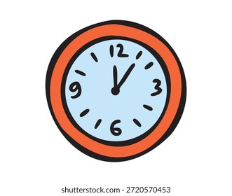 Reloj de pared, tiempo de clase, doodle escolar colorido, dibujado a mano. Ilustración vectorial.