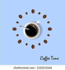 Wall clock coffee cup and coffee beans on pastel background.