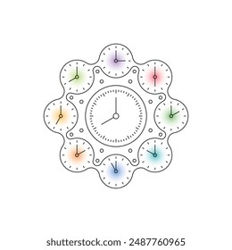 Wanduhr-Konzept mit bunten Neunen. Analoge Uhren rund um die analoge Uhr. Analoge Uhrenkonzept