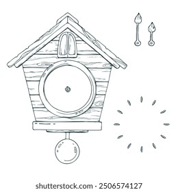 Wall clock with cuckoo, dial and hands, pendulum, wooden, antique. Line art is a simple hand-drawn illustration in black and white ink. Isolated vector EPS object.