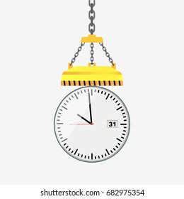 Wall clock with date hanging on magnet. Vector stock illustration.