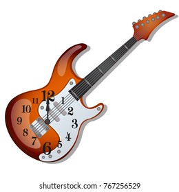 Wall clock with a design of an electric guitar isolated on white background. Sketch of festive poster, party invitation, other holiday card. Vector cartoon close-up illustration.