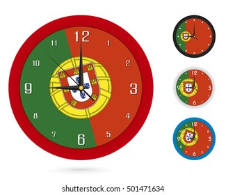 Wall Clock Design with National Flag of Portugal. Four different design. Ready for print. Vector Illustration.
