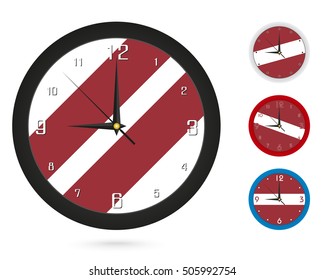 Wall Clock Design with National Flag of Latvia. Four different design. Ready for print. Vector Illustration.