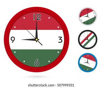 Wall Clock Design with National Flag of Hungary. Four different design. Ready for print. Vector Illustration.