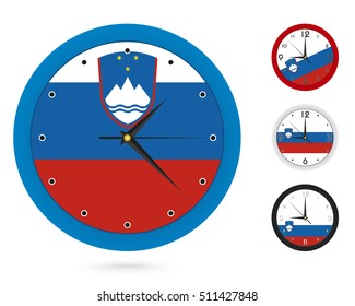 Wall Clock Design with National Flag of Slovenia. Four different design. Ready for print. Vector Illustration.