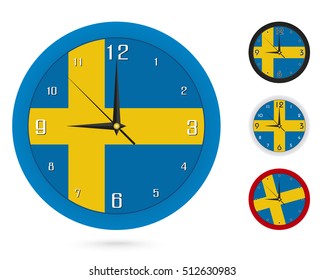 Wall Clock Design with National Flag of Sweden. Four different design. Ready for print. Vector Illustration.