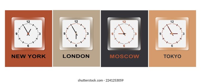 Wall clock for different time zones. 4 item set. Vector illustration.