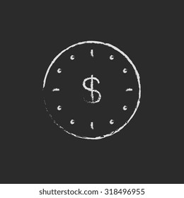 Wall clock with a dollar symbol hand drawn in chalk on a blackboard vector white icon isolated on a black background.