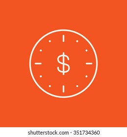 Wall clock with a dollar symbol line icon for web, mobile and infographics. Vector white icon isolated on red background.