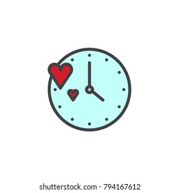 Wall clock face with red hearts filled outline icon, line vector sign, linear colorful pictogram isolated on white. Love time symbol, logo illustration. Vector graphics
