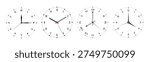 Wall clock faces set with arabic numerals, western numbers, roman numerals and minimalist markers, vector analog clock dials collection with hour minute second hands isolated on transparent background