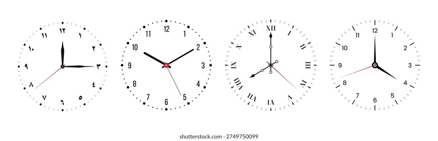 Wall clock faces set with arabic numerals, western numbers, roman numerals and minimalist markers, vector analog clock dials collection with hour minute second hands isolated on transparent background