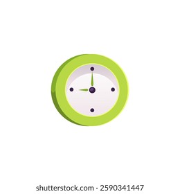 Wall clock flat icon. Clock face with round green frame. Analog clock classic design. Time measurement equipment. Watch vector illustration isolated on white background