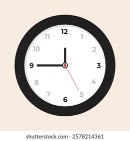 Wall clock flat illustration with hour, minute and second hands, circular black frame and hour numbers. Editable flat vector illustration wall clock design.