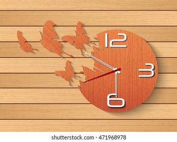 Wall clock with flying butterfly.Vector illustration 